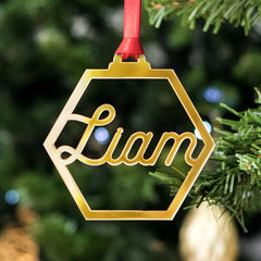 Personalized Hexagon Mirror Ornament | Geometric Custom Name Bauble