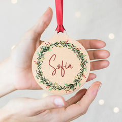 Personalized Wooden Name Ornament | Christmas Wreath Design