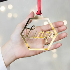 Personalized Hexagon Mirror Ornament | Geometric Custom Name Bauble