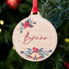 Personalized Wooden Christmas Ornament | Rustic Watercolor Bells