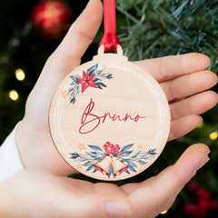Personalized Wooden Christmas Ornament | Rustic Watercolor Bells