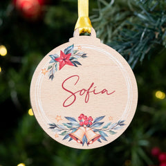 Personalized Wooden Christmas Ornament | Rustic Watercolor Bells