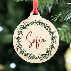 Personalized Wooden Name Ornament | Christmas Wreath Design