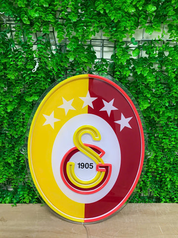 An oval-shaped glossy sign featuring the Galatasaray sports club emblem, with a yellow and red split background, white stars, and a large yellow stylized 'S' with '1905' in the center, displayed against a green leaf wall.