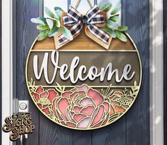 Welcome Peonies Door Hanger