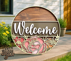 Welcome Peonies Door Hanger